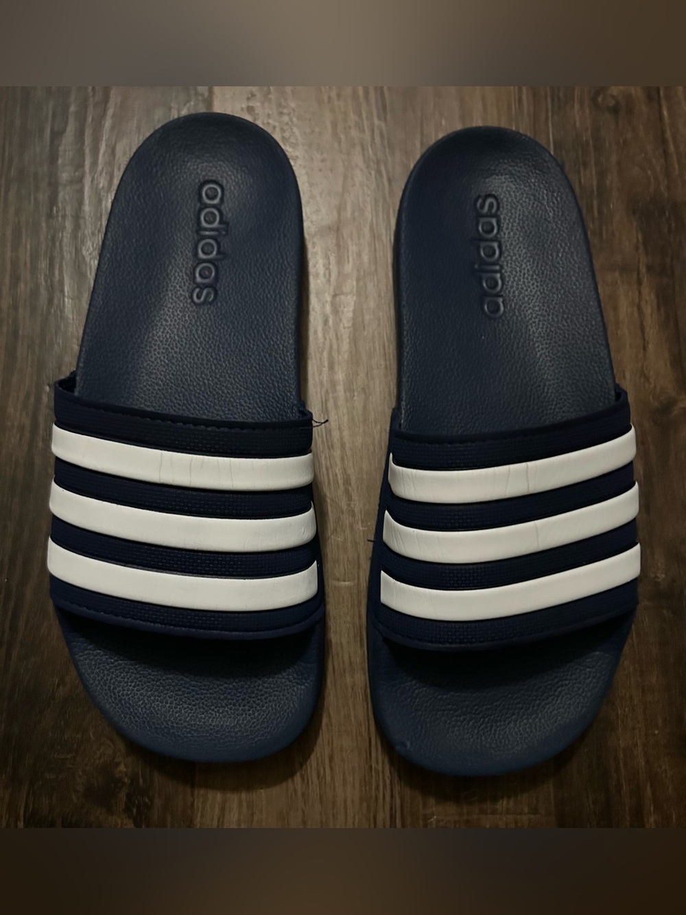 Adidas Sandals Kids size 4 Adilette Slip-on Slides Navy Blue/White